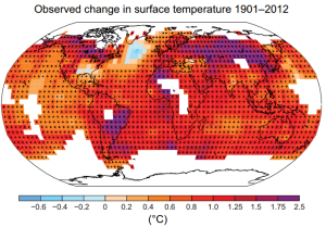 Осмотрена промена температуре од 1901. до 2012. године. Извор: IPCC (кликните за увећање)